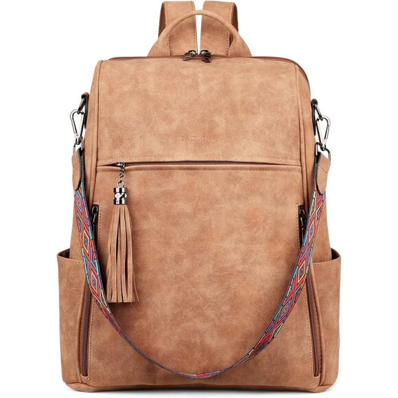 Women Camel Brown Suede Style Backpack Designer 15.6 inch PU Leather Laptop Bag - Picture 1 of 9